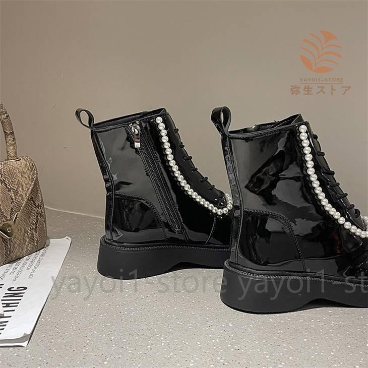 パール付きエナメルショートブーツ パール ビジュー ビーズ エナメル  