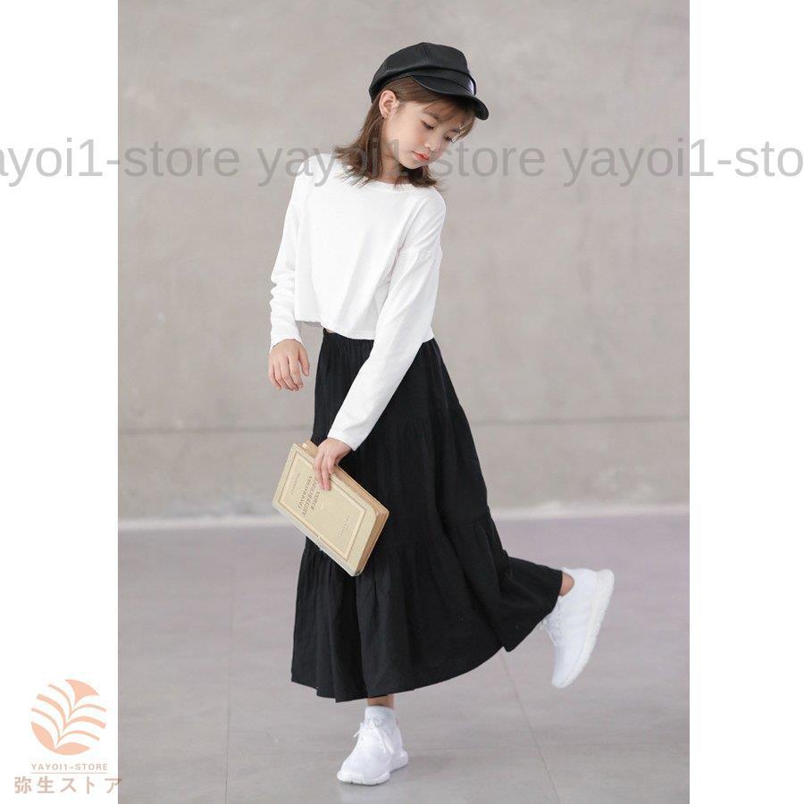 韓国子供服 スカート 親子 お揃い ロング丈 春秋 黒 Aライン フレア