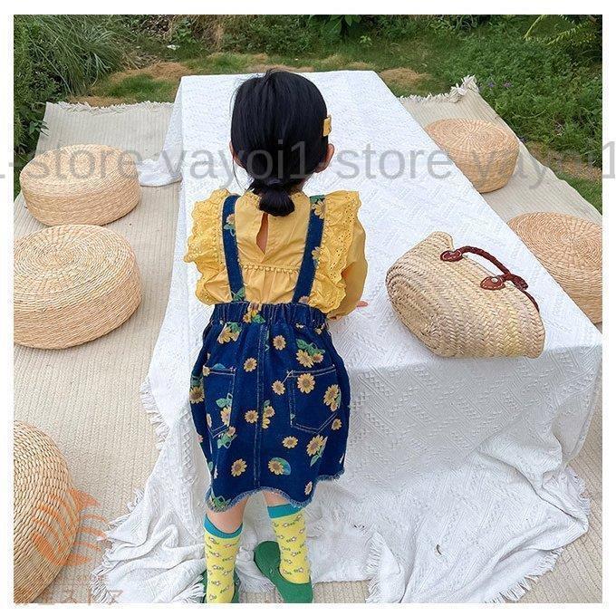 サロペット 女児 デニム オーバーオール ひまわり柄 サロペットスカート 女の子 デニムサロペット 花柄 キッズ オールインワン コンビネゾン ジュニアの画像