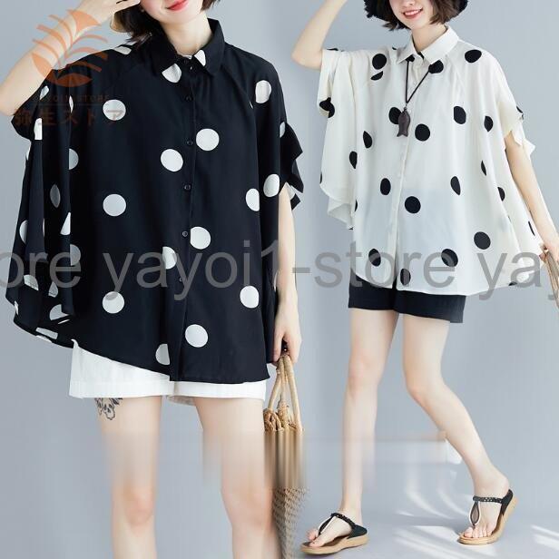 シャツ ブラウス レディース 水玉 ドット柄 シフォン 半袖 ドルマンスリーブ ゆったりトップス シンプル シャツ カジュアル 夏新作
