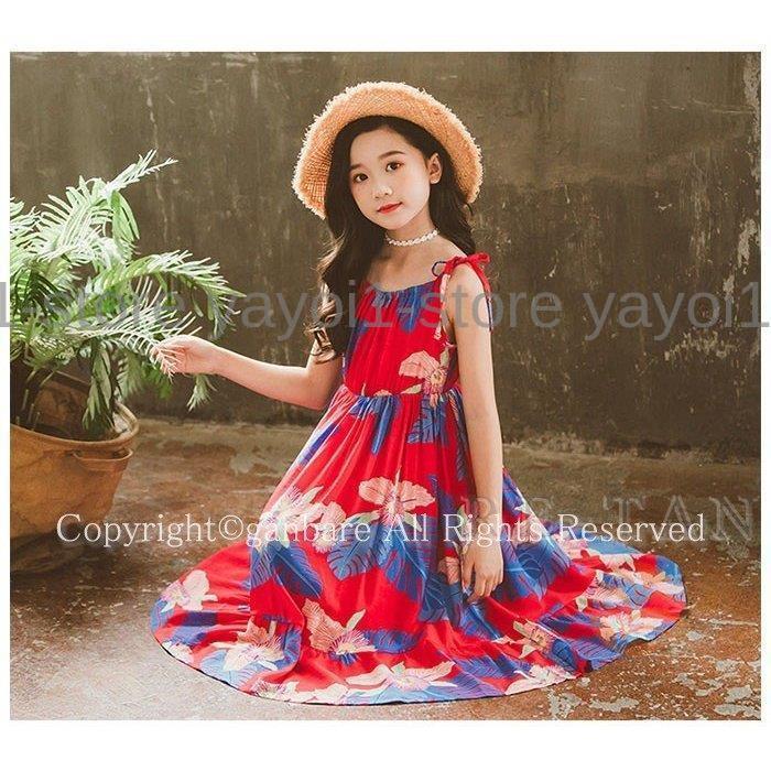 親子お揃い ワンピース 女の子 フレアワンピース ノースリーブ 子供服 ロングワンピース Aラインワンピース 海 ビーチ 花柄 お出かけ ドレス 結婚式 旅行の画像