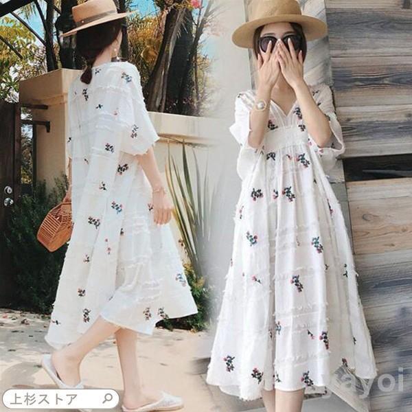 ワンピース レディース 春夏 半袖 刺繍 vネック シャツワンピ オシャレ
