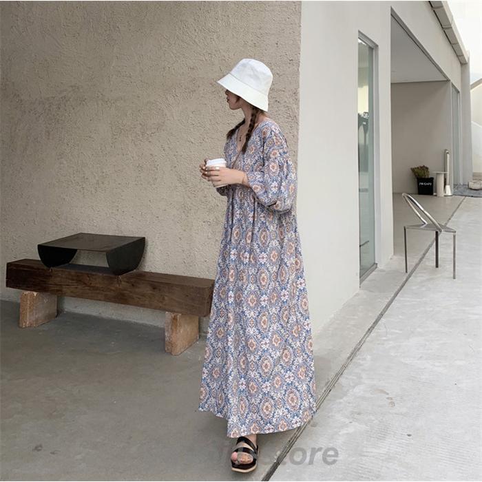 ロングワンピース 夏 レディース きれいめ ぽわん袖 ゆったり系 半袖