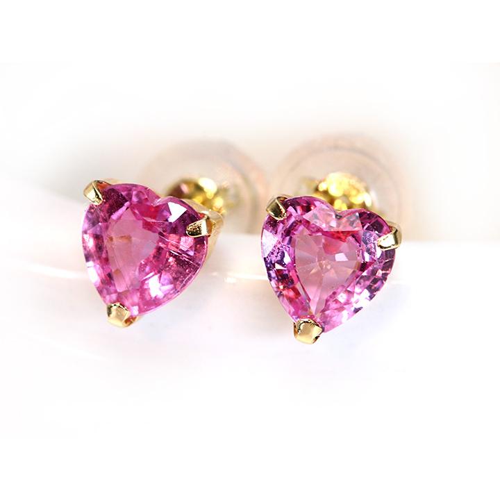 ピンクサファイヤ　ハート型スタッドピアス ピンクサファイヤ ハートシェイプのスタッド・一粒のK18ピアス 鮮明な
