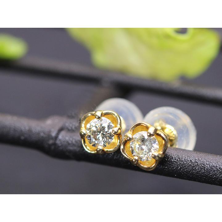 ダイヤモンド一粒合計0.2ct フラワーデザイン ピアス K18（各種地金・金具対応可・イヤリング可）受注品の画像