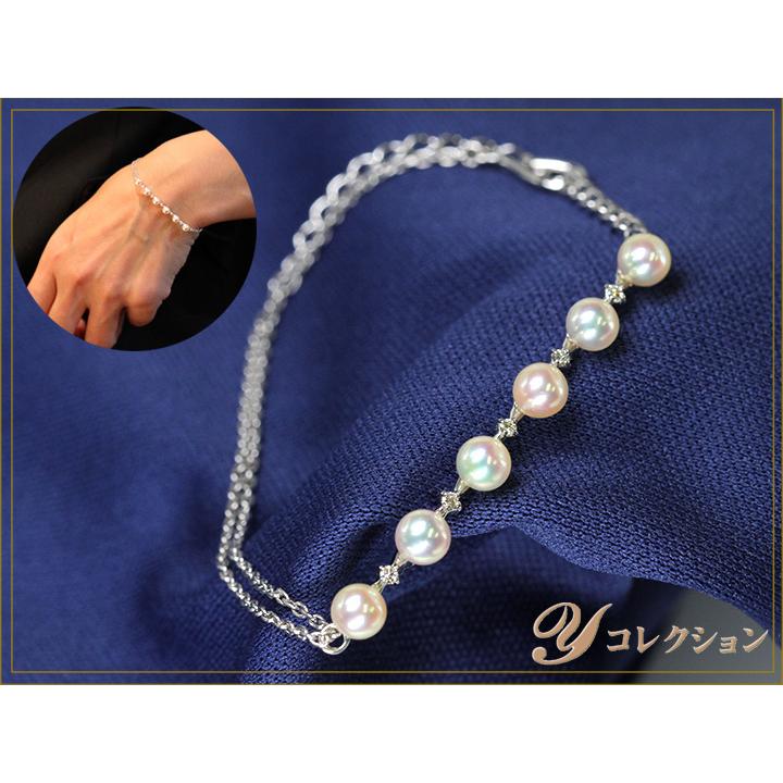 パール-ライン あこや真珠4ミリ・5珠が弾む K18WG・ブレスレット・着脱簡単 金具に工夫あり （各地金素材対応可能）受注品