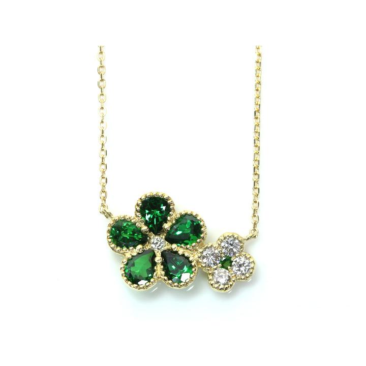 グリーンガーネット1.45ct ダイヤモンド0.25ct フラワーデザイン K18YG（WG）ネックレス/受注品の画像