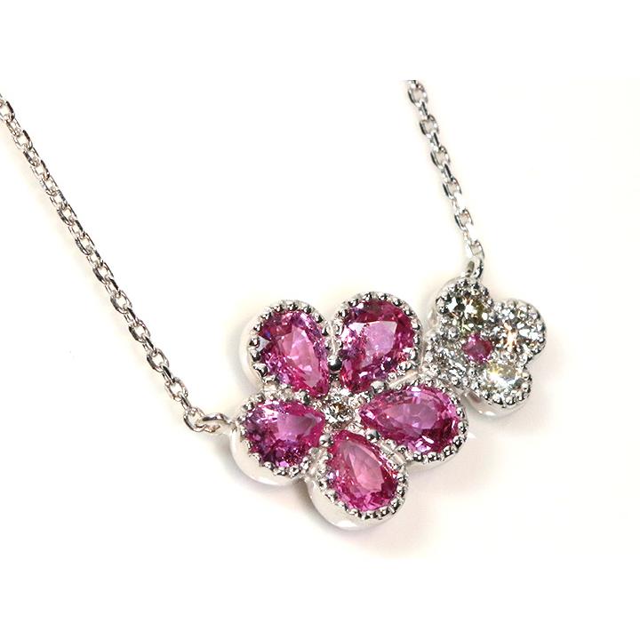 ピンクサファイヤのフラワー 1.73ct　K18WG ネックレス ミルグレーディング お揃いのリングあり 受注品の画像