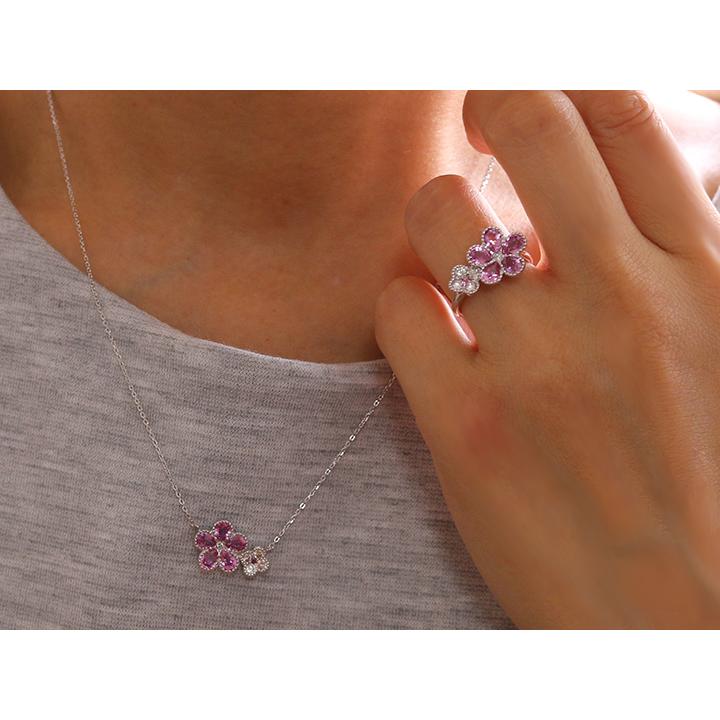 ピンクサファイヤのフラワー 1.73ct　K18WG ネックレス ミルグレーディング お揃いのリングあり 受注品の画像