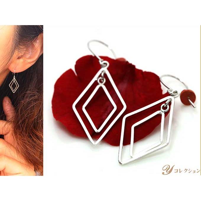 K18WG【刻印有り】幾何学デザイン地金ピアス 地金K18WGピアス ひし形の幾何学模様が揺れる フック式 イヤリング可
