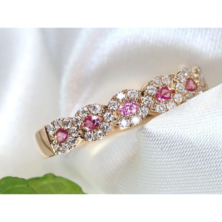 欲しいの ピンクサファイヤとダイヤモンドが描く螺旋デザイン 受注品 重ねつけにも 指輪 K18PGピンクゴールドリング ハーフエタニティ 一文字 指輪