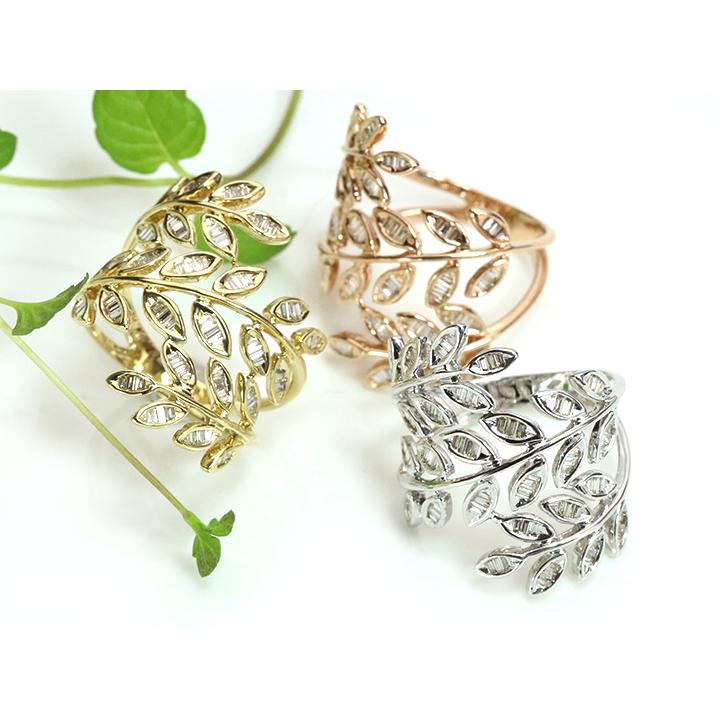 ダイヤモンド 0.5ct テーパーカットダイヤ リーフ・葉っぱモチーフ K18/YG/PG リング 指輪 （各種地金）受注品の画像