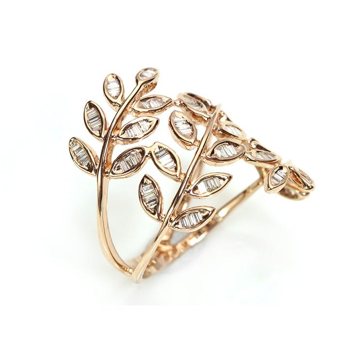 ダイヤモンド 0.5ct テーパーカットダイヤ リーフ・葉っぱモチーフ K18/YG/PG リング 指輪 （各種地金）受注品の画像