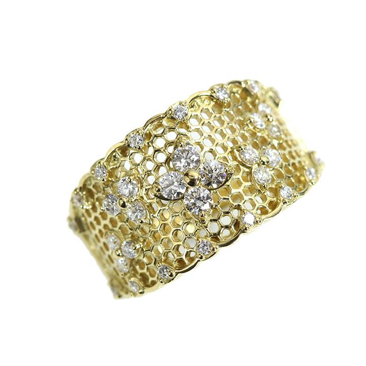 ダイヤモンド0.5ct 細やかレース仕上がり K18YGイエローゴールド リング 指輪 程よい幅広 受注品の画像