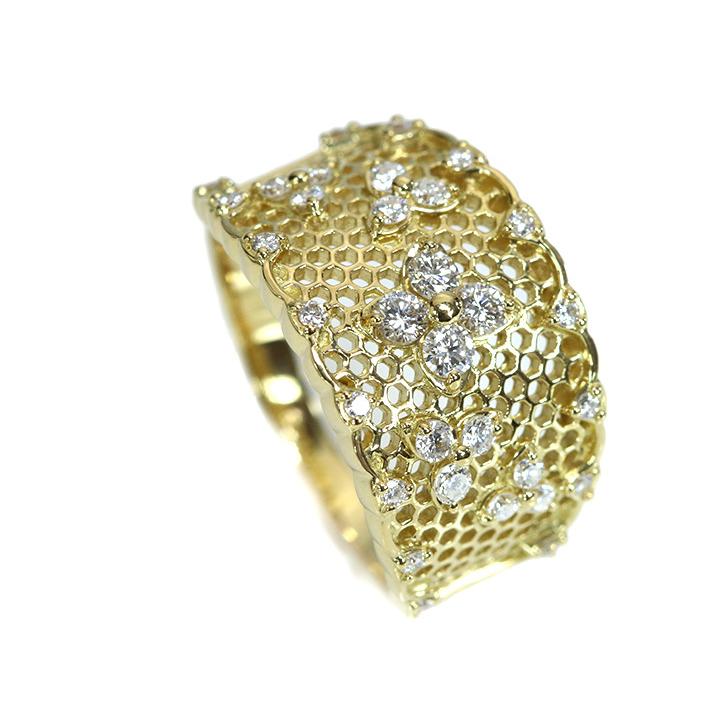ダイヤモンド0.5ct 細やかレース仕上がり K18YGイエローゴールド リング 指輪 程よい幅広 受注品の画像