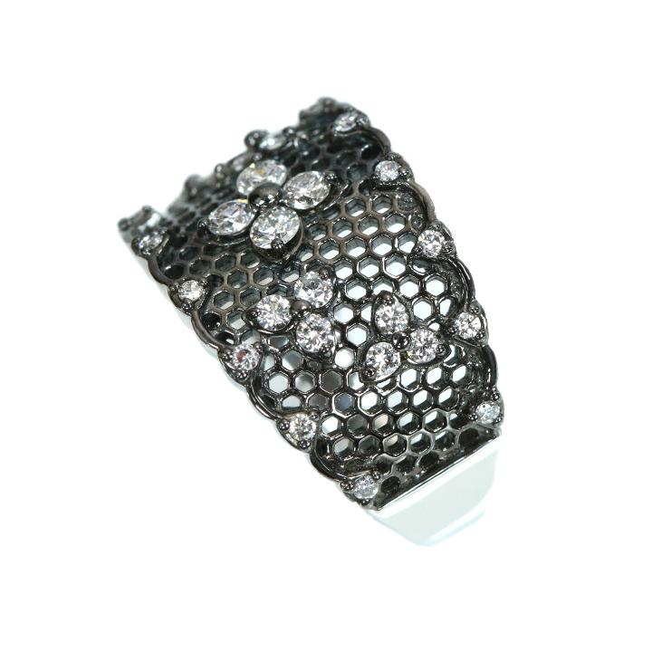 ダイヤモンド0.5ct 細やかレース仕上がり K18WGホワイトゴールドにブラックメッキ リング 指輪 程よい幅広 受注品の画像