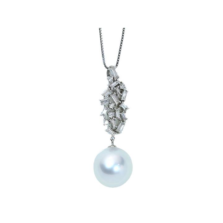 南洋パール 白蝶真珠13mm 大粒が揺れる バケット＆ラウンドカットのダイヤモンドのスバル 0.60ct PTネックレス 縦ライン　1点ものの画像