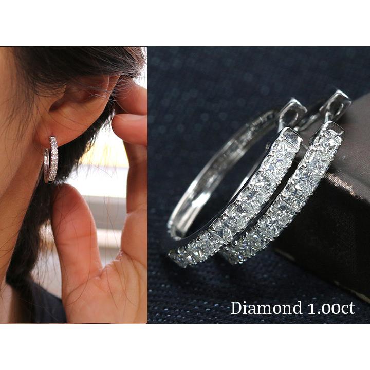 K18YG ダイヤモンド フープ ピアス 1.00CT ダイヤモンドがずらり 角