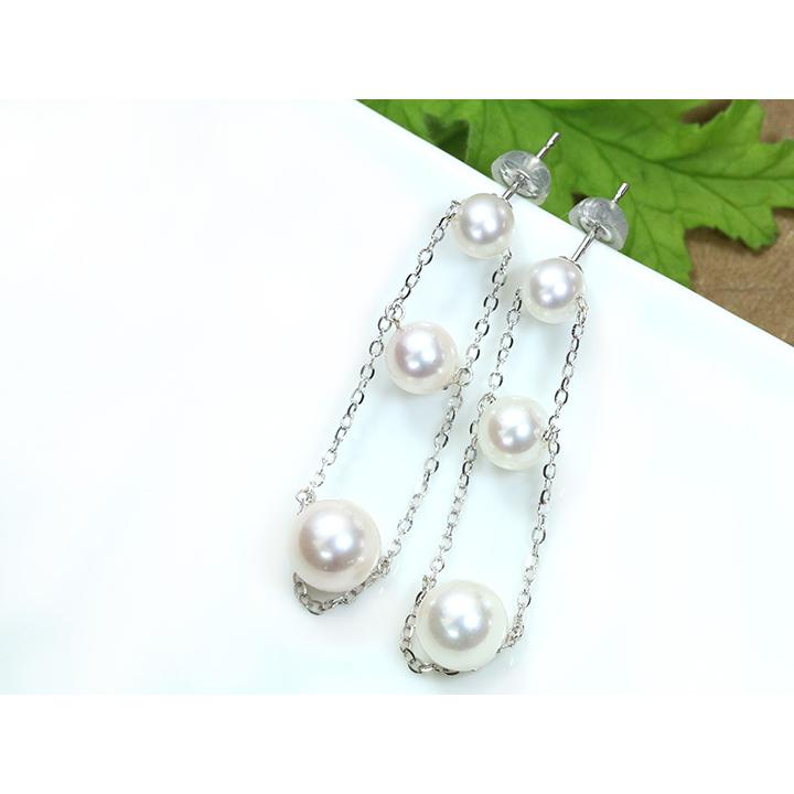 あこやパール 縦ラインに３珠真珠とチェーン人気デザイン K18WGピアス イヤリング加工可能 5.5〜8.0mm 受注品の画像