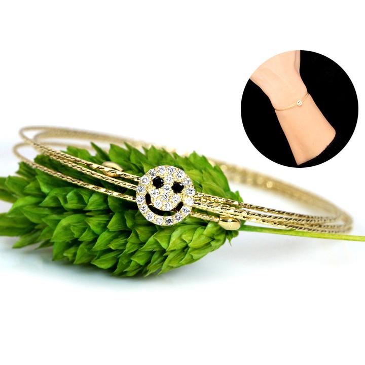 ダイヤモンド0.08ct ニコちゃん 人気のスマイリー♪ 形状記憶ワイヤー K18YGイエローゴールド ブレスレット 受注品