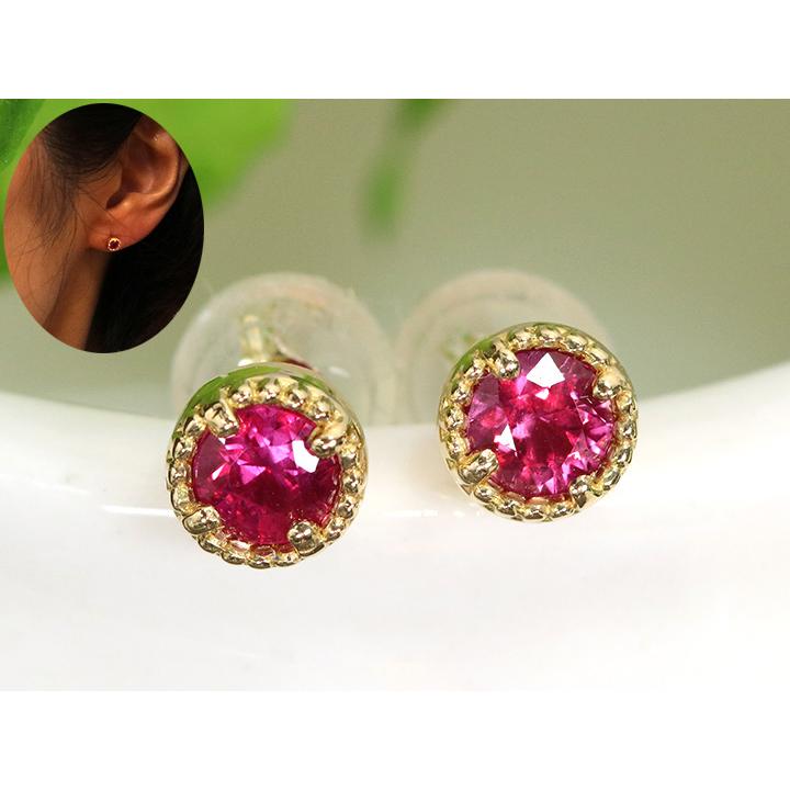 ルビー 0.40ct ベゼルセッティング K18YGピアス 一粒 イヤリング加工 