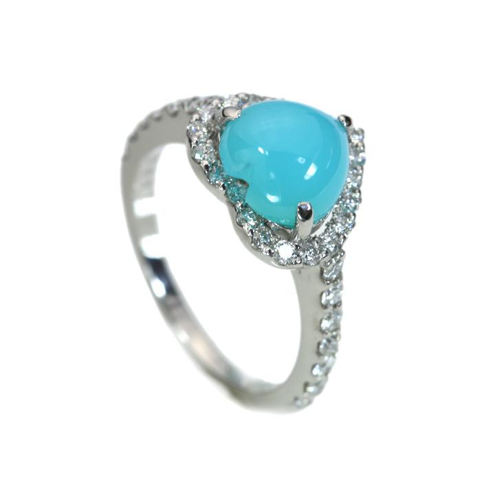 シーブルーカルセドニー1.662ct ハート ダイヤ取り巻き0.55ct PT900