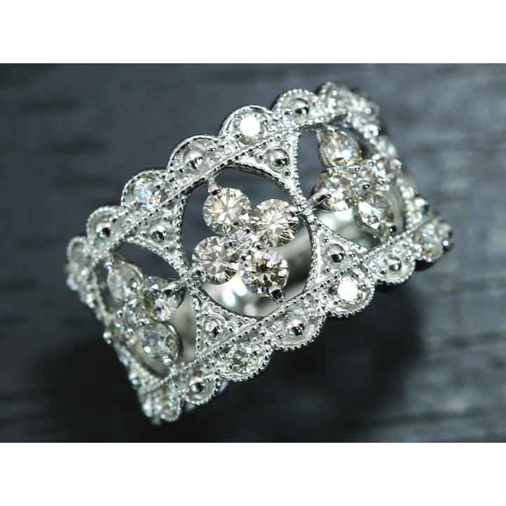 ダイヤモンドたっぷり0.8ct ミルグレーンとレースで仕上げた幅広デザイン PT900プラチナリング 指輪 受注品の画像