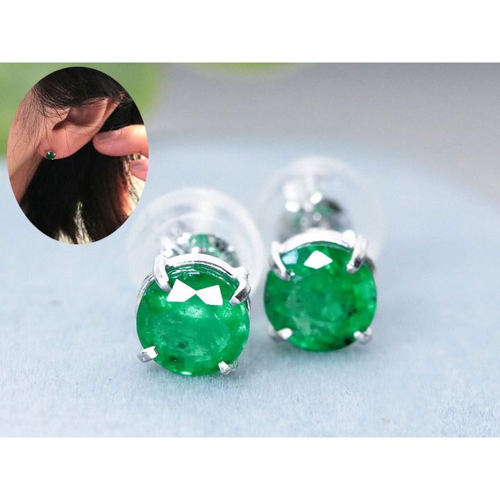 エメラルド0.6ct ラウンドカット一粒4本爪セット K18WGピアス シンプル  