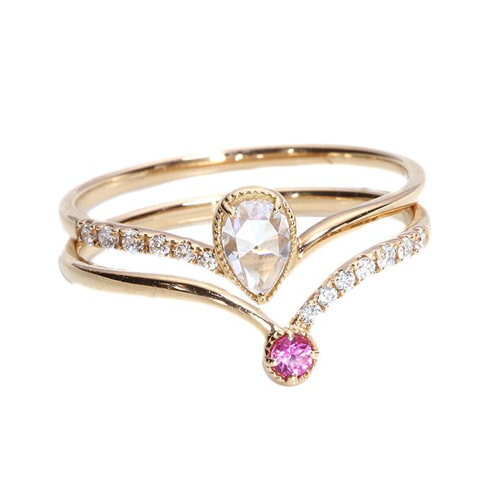 【新品】10WG★ローズカットリング 15.5号 ローズカットダイヤ ペアシェイプカットのダイヤモンド0.10ct＆ピンク