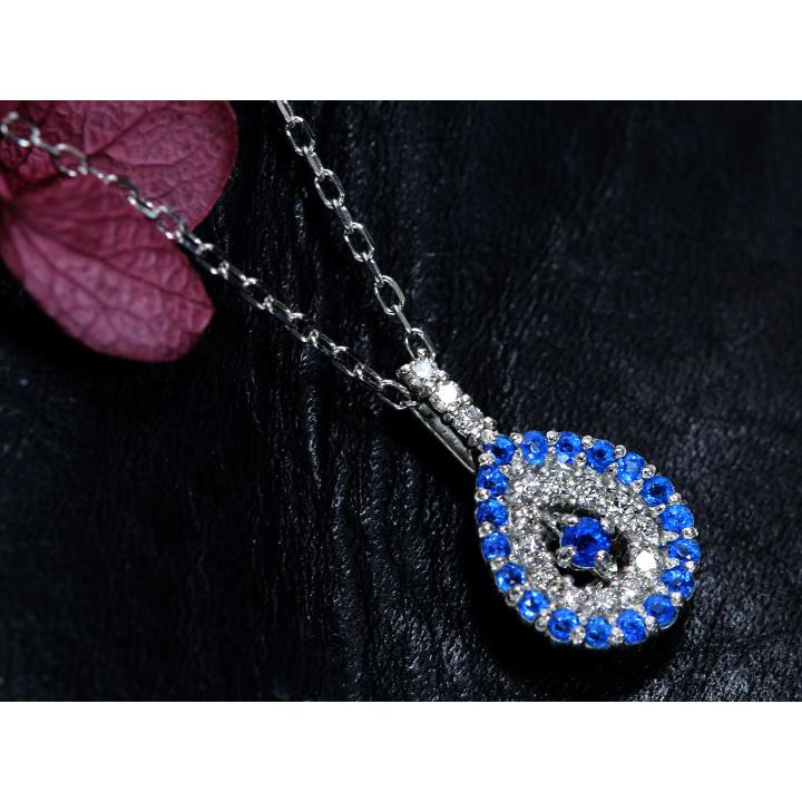 アウイナイト0.11ct 雫シェイプ ダイヤとのコントラスト抜群 濃厚コバルトブルー・ドイツの稀少石 PTプラチナ ペンダントネックレス 受注品の画像