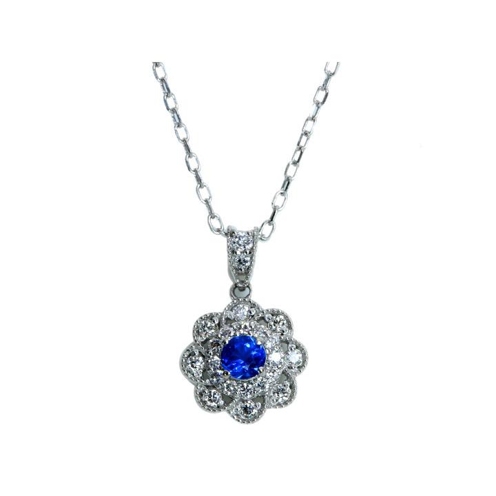 アウイナイト0.10ct 上質のラウンドカット ダイヤでフラワーを描く取り巻き 濃厚コバルトブルー・ドイツの稀少石 PTペンダントネックレス 受注可の画像