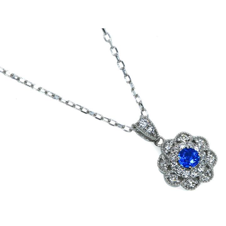アウイナイト0.10ct 上質のラウンドカット ダイヤでフラワーを描く取り巻き 濃厚コバルトブルー・ドイツの稀少石 PTペンダントネックレス 受注可の画像