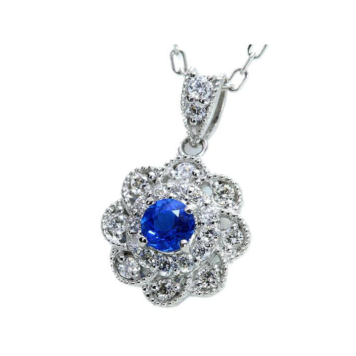 アウイナイト0.10ct 上質のラウンドカット ダイヤでフラワーを描く取り巻き 濃厚コバルトブルー・ドイツの稀少石 PTペンダントネックレス 受注可の画像