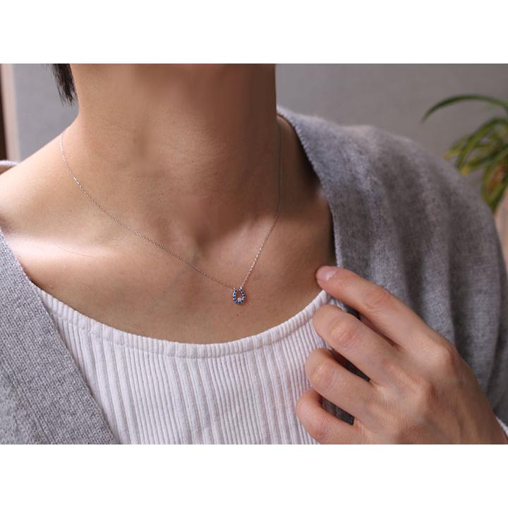 アウイナイト0.07ct 馬蹄の中に艶めくダイヤ一粒0.008ct 幸福モチーフ 濃厚コバルトブルー・ドイツの稀少石 PTプラチナ プチネックレス 受注品の画像