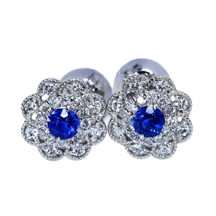 アウイナイト合計0.2ct 豪華ダイヤ ミルグレーディング フラワー 一粒ピアス 濃厚コバルトブルー・ドイツの稀少石 イヤリング加工可能 受注品の画像