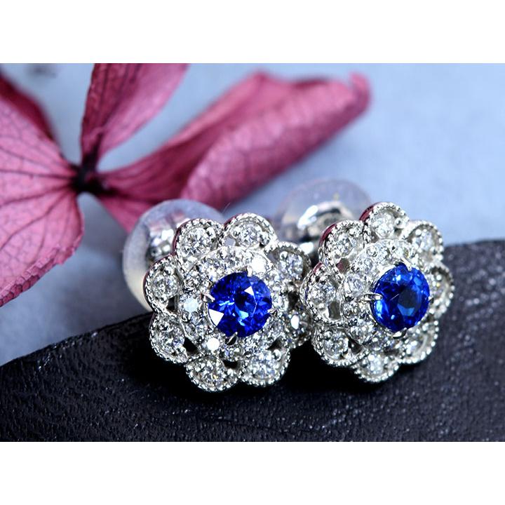 アウイナイト合計0.2ct 豪華ダイヤ ミルグレーディング フラワー 一粒ピアス 濃厚コバルトブルー・ドイツの稀少石 イヤリング加工可能 受注品の画像
