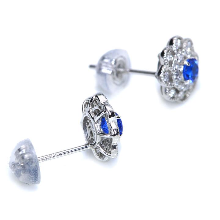 アウイナイト合計0.2ct 豪華ダイヤ ミルグレーディング フラワー 一粒ピアス 濃厚コバルトブルー・ドイツの稀少石 イヤリング加工可能 受注品の画像