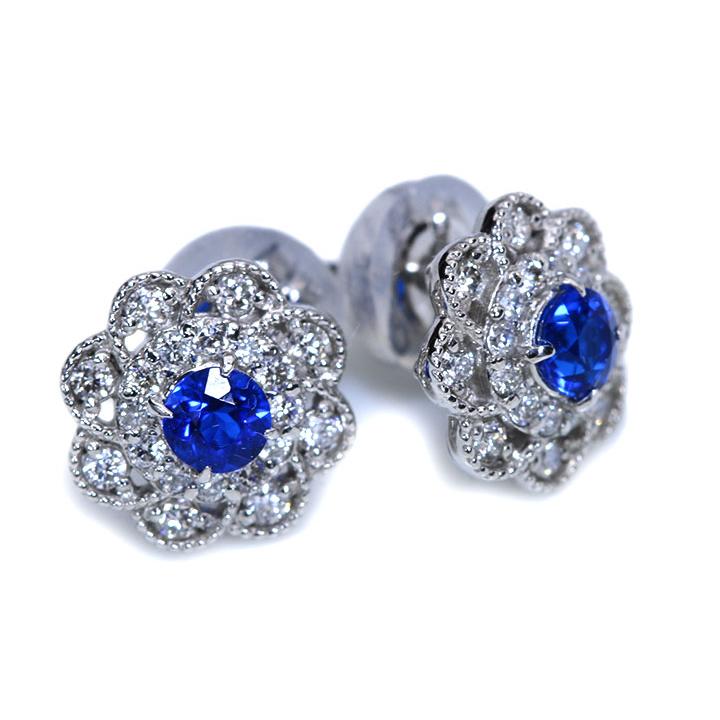 アウイナイト合計0.2ct 豪華ダイヤ ミルグレーディング フラワー 一粒ピアス 濃厚コバルトブルー・ドイツの稀少石 イヤリング加工可能 受注品の画像