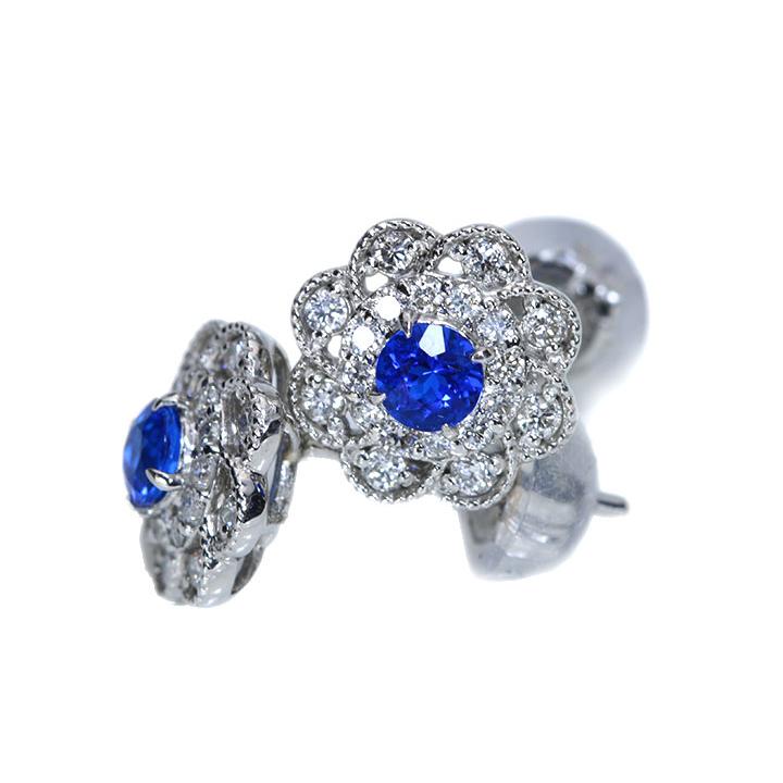 アウイナイト合計0.2ct 豪華ダイヤ ミルグレーディング フラワー 一粒ピアス 濃厚コバルトブルー・ドイツの稀少石 イヤリング加工可能 受注品の画像
