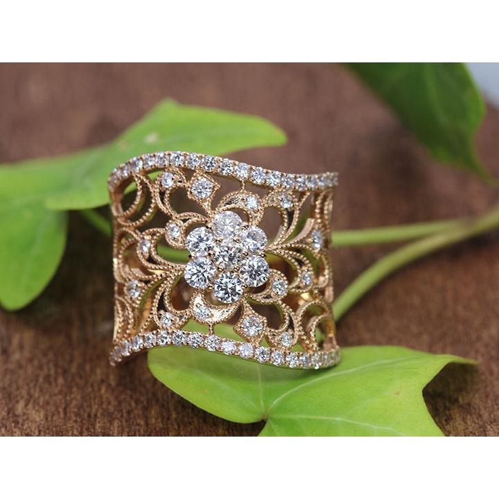 ダイヤモンド1.00ct 1ct レースとミルグレーンで見せる幅広貫録 K18PG 