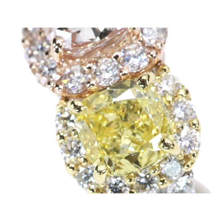 ピンクダイヤモンド1.037ct\u0026イエローダイヤモンド1.015ct\u0026グリーンダイヤモンド1.09ct PT950/K18YGリング 贅沢3カラーダイヤ 合計4.092ct 1点ものの画像