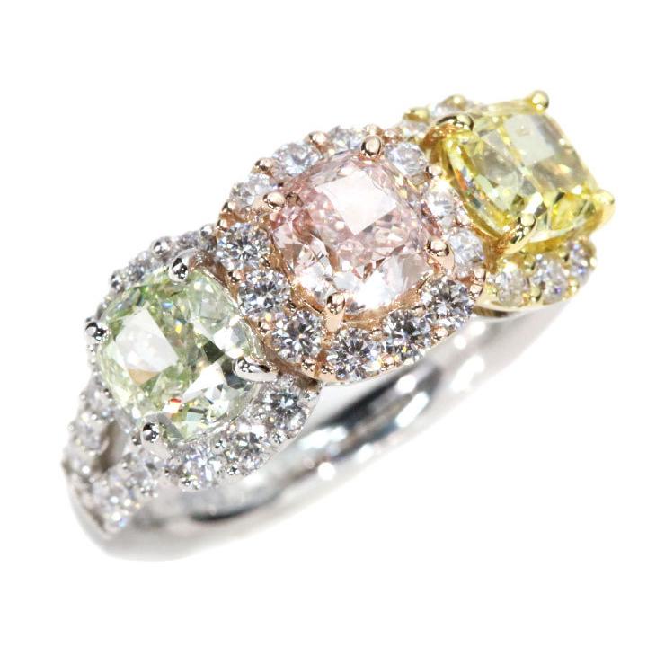 ピンクダイヤモンド1.037ct\u0026イエローダイヤモンド1.015ct\u0026グリーンダイヤモンド1.09ct PT950/K18YGリング 贅沢3カラーダイヤ 合計4.092ct 1点ものの画像