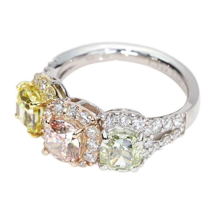 ピンクダイヤモンド1.037ct\u0026イエローダイヤモンド1.015ct\u0026グリーンダイヤモンド1.09ct PT950/K18YGリング 贅沢3カラーダイヤ 合計4.092ct 1点ものの画像
