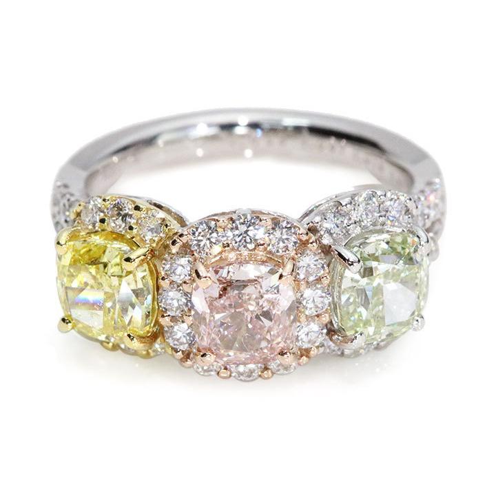 ピンクダイヤモンド1.037ct\u0026イエローダイヤモンド1.015ct\u0026グリーンダイヤモンド1.09ct PT950/K18YGリング 贅沢3カラーダイヤ 合計4.092ct 1点ものの画像