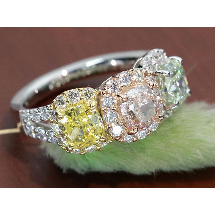 ピンクダイヤモンド1.037ct\u0026イエローダイヤモンド1.015ct\u0026グリーンダイヤモンド1.09ct PT950/K18YGリング 贅沢3カラーダイヤ 合計4.092ct 1点ものの画像
