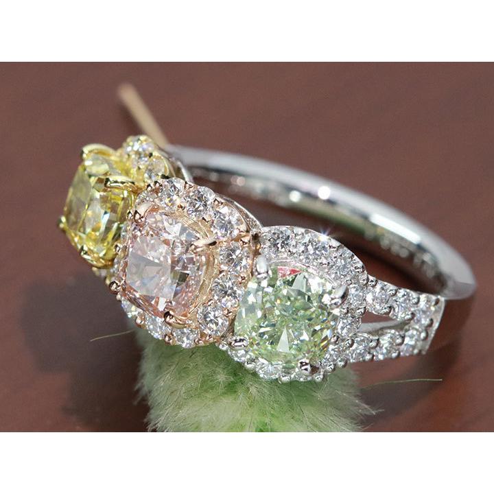 ピンクダイヤモンド1.037ct\u0026イエローダイヤモンド1.015ct\u0026グリーンダイヤモンド1.09ct PT950/K18YGリング 贅沢3カラーダイヤ 合計4.092ct 1点ものの画像