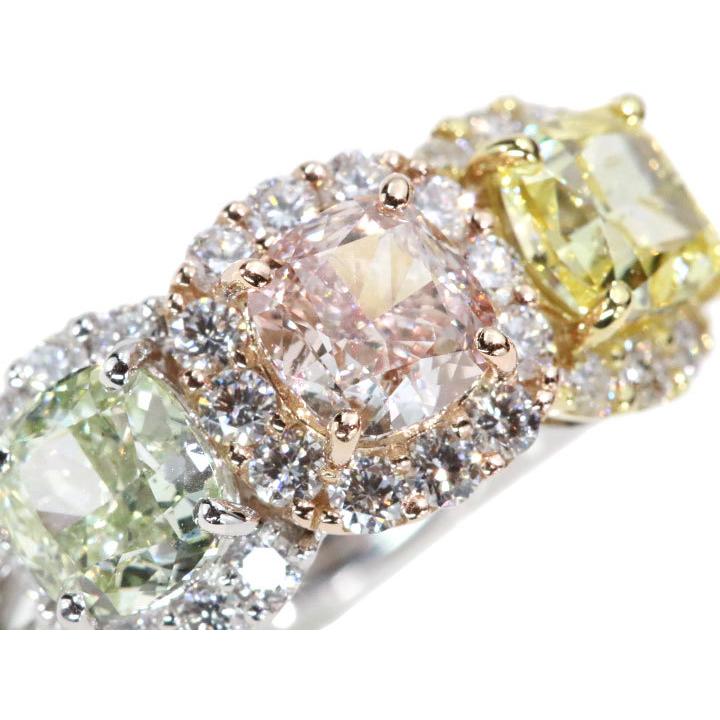 ピンクダイヤモンド1.037ct\u0026イエローダイヤモンド1.015ct\u0026グリーンダイヤモンド1.09ct PT950/K18YGリング 贅沢3カラーダイヤ 合計4.092ct 1点ものの画像