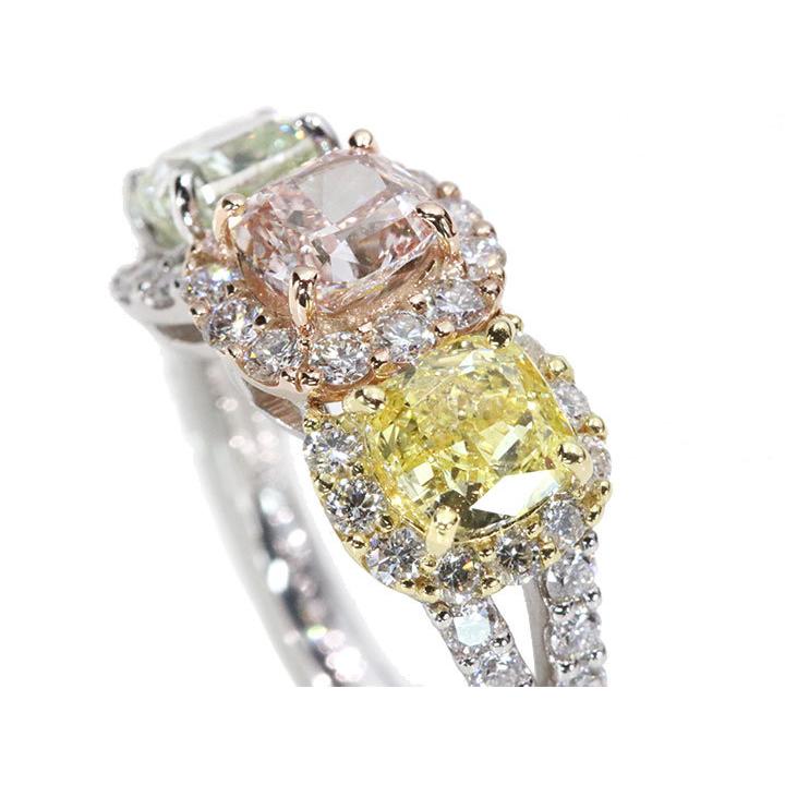 ピンクダイヤモンド1.037ct\u0026イエローダイヤモンド1.015ct\u0026グリーンダイヤモンド1.09ct PT950/K18YGリング 贅沢3カラーダイヤ 合計4.092ct 1点ものの画像