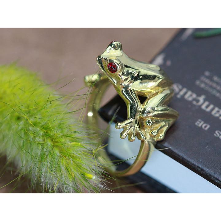 カエル モチーフ 幸運 目にはルビー 0.10カラットが煌めく K18ゴールド リング・指輪 受注品の画像
