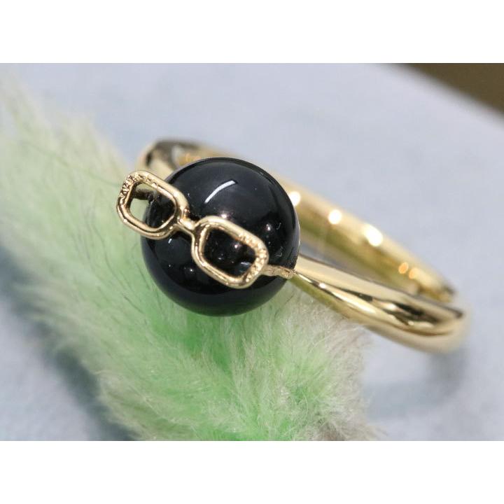 オニキス 漆黒の球体に眼鏡デザイン 小指用リング K18YG イエロー